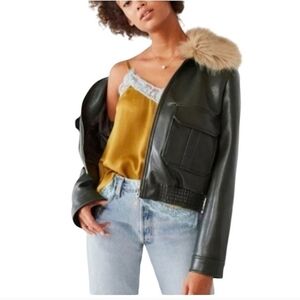 Silence + Noise Jacket Green Vegan Leather Faux Fur Collar Zip Front Quilt Lined